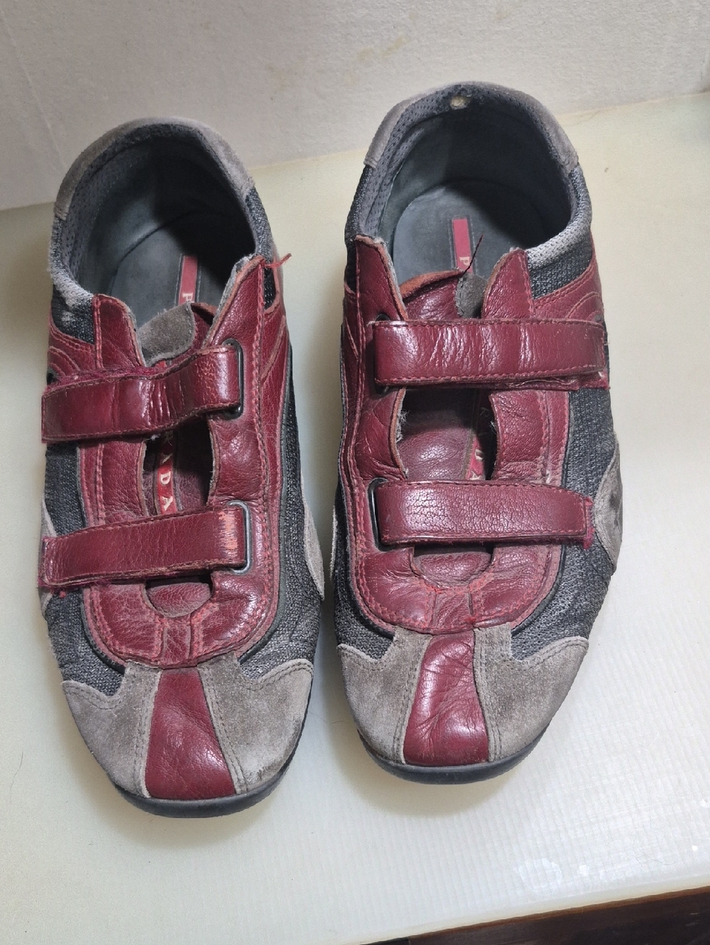 Prada Kids Burgundy and Gray Strap Sneakers